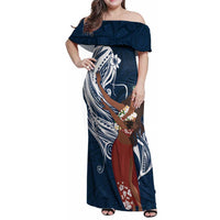 Tahiti Islands Polynesian Plumeria Family Matching Off Shoulder Maxi Dress and Hawaiian Shirt Tahitian Vahine 'Ote'a - Navy Blue LT7 Mom's Dress Blue - Polynesian Pride
