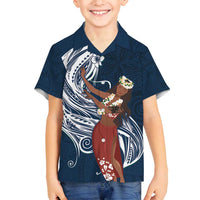 Tahiti Islands Polynesian Plumeria Family Matching Off Shoulder Maxi Dress and Hawaiian Shirt Tahitian Vahine 'Ote'a - Navy Blue LT7 Son's Shirt Blue - Polynesian Pride
