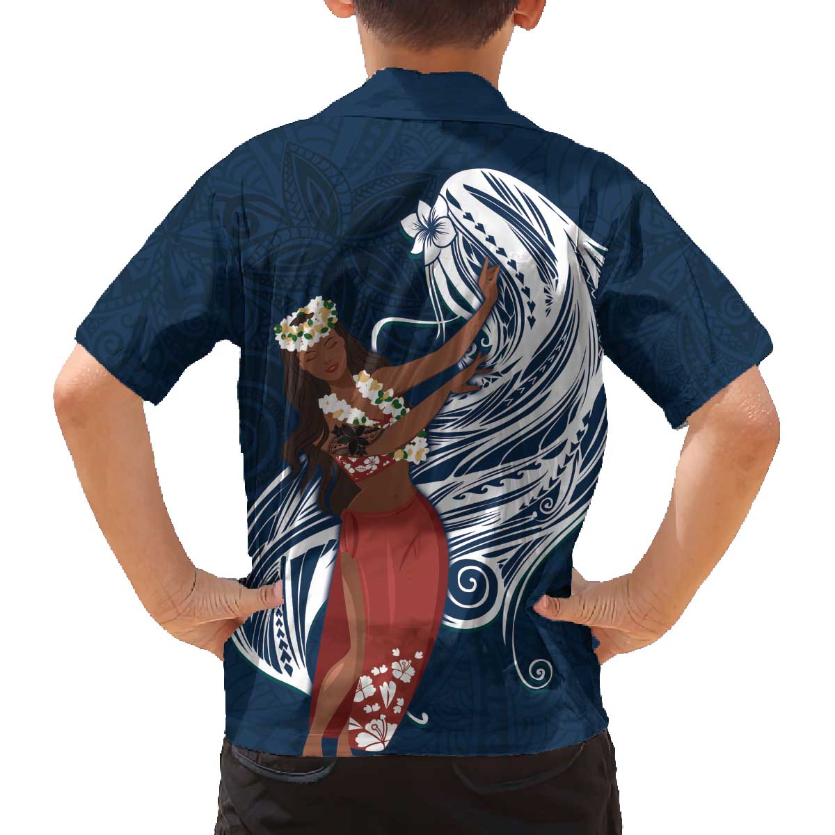 Tahiti Islands Polynesian Plumeria Family Matching Puletasi and Hawaiian Shirt Tahitian Vahine 'Ote'a - Navy Blue LT7 - Polynesian Pride