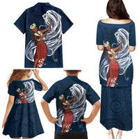 Tahiti Islands Polynesian Plumeria Family Matching Puletasi and Hawaiian Shirt Tahitian Vahine 'Ote'a - Navy Blue LT7 - Polynesian Pride
