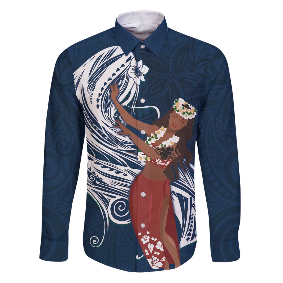 Tahiti Islands Polynesian Plumeria Family Matching Puletasi and Hawaiian Shirt Tahitian Vahine 'Ote'a - Navy Blue LT7 Dad's Shirt - Long Sleeve Blue - Polynesian Pride