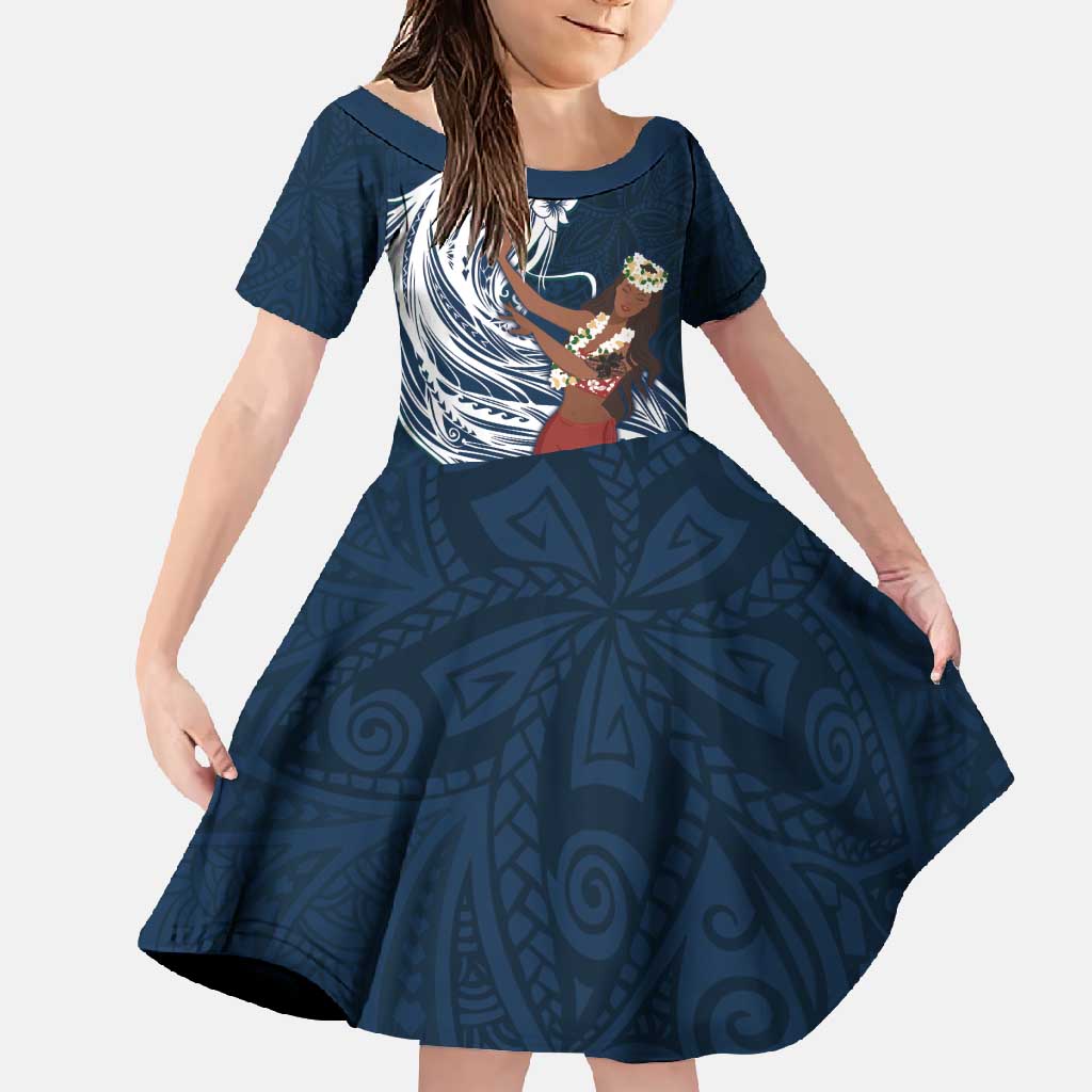Tahiti Islands Polynesian Plumeria Family Matching Short Sleeve Bodycon Dress and Hawaiian Shirt Tahitian Vahine 'Ote'a - Navy Blue LT7 Daughter's Dress Blue - Polynesian Pride