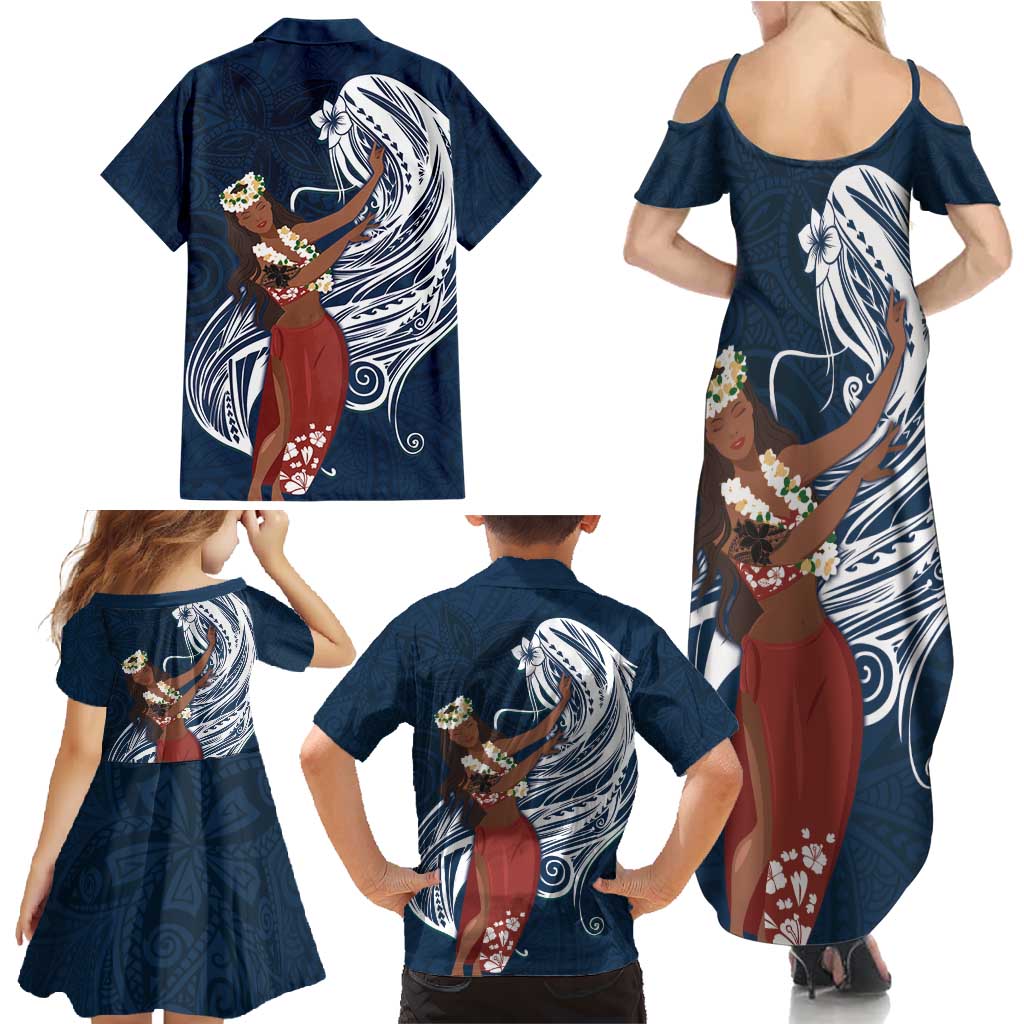 Tahiti Islands Polynesian Plumeria Family Matching Summer Maxi Dress and Hawaiian Shirt Tahitian Vahine 'Ote'a - Navy Blue LT7 - Polynesian Pride
