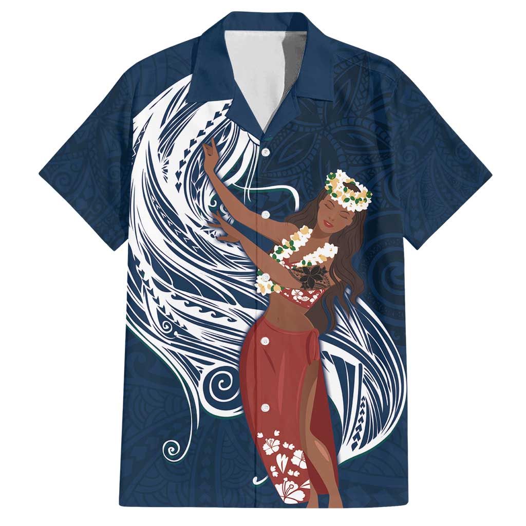 Tahiti Islands Polynesian Plumeria Family Matching Summer Maxi Dress and Hawaiian Shirt Tahitian Vahine 'Ote'a - Navy Blue LT7 Dad's Shirt - Short Sleeve Blue - Polynesian Pride
