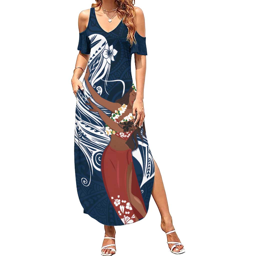 Tahiti Islands Polynesian Plumeria Family Matching Summer Maxi Dress and Hawaiian Shirt Tahitian Vahine 'Ote'a - Navy Blue LT7 Mom's Dress Blue - Polynesian Pride