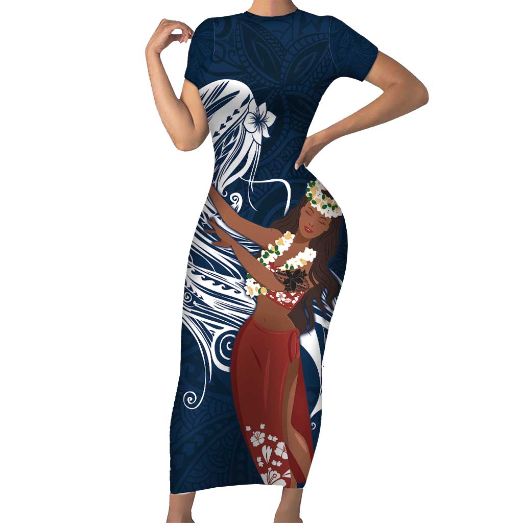 Tahiti Islands Polynesian Plumeria Short Sleeve Bodycon Dress Tahitian Vahine 'Ote'a - Navy Blue LT7 Long Dress Blue - Polynesian Pride