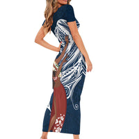 Tahiti Islands Polynesian Plumeria Short Sleeve Bodycon Dress Tahitian Vahine 'Ote'a - Navy Blue LT7 - Polynesian Pride