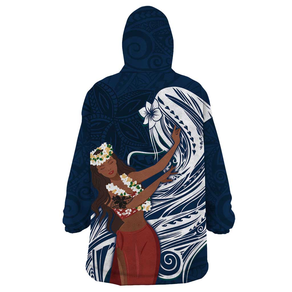 Tahiti Islands Polynesian Plumeria Wearable Blanket Hoodie Tahitian Vahine 'Ote'a - Navy Blue LT7 - Polynesian Pride