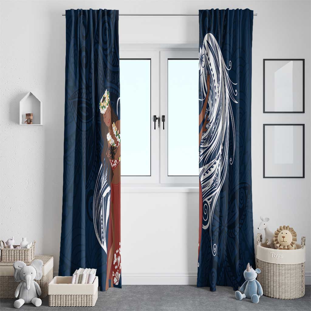 Tahiti Islands Polynesian Plumeria Window Curtain Tahitian Vahine 'Ote'a - Navy Blue