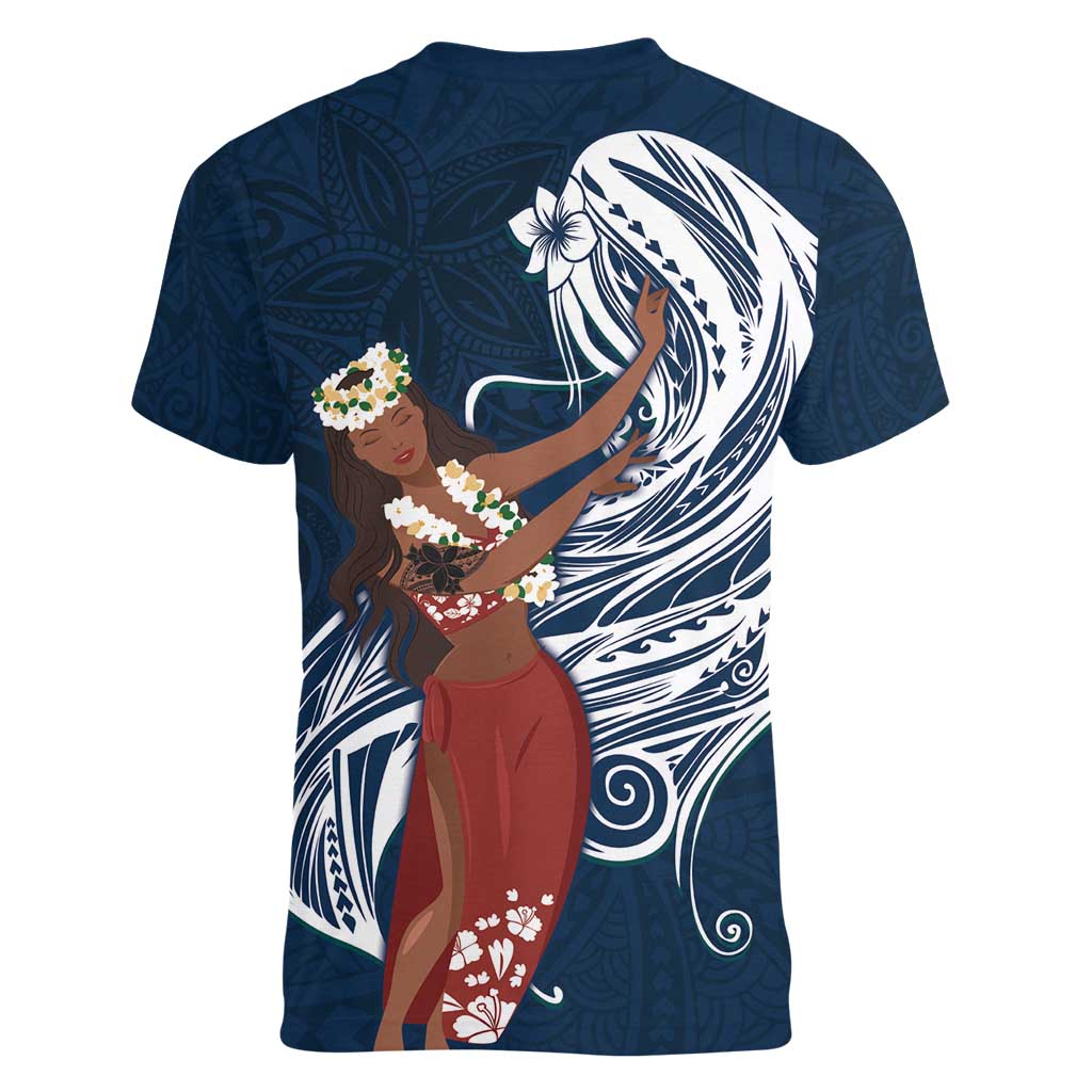 Tahiti Islands Polynesian Plumeria Women V-Neck T-Shirt Tahitian Vahine 'Ote'a - Navy Blue LT7 - Polynesian Pride