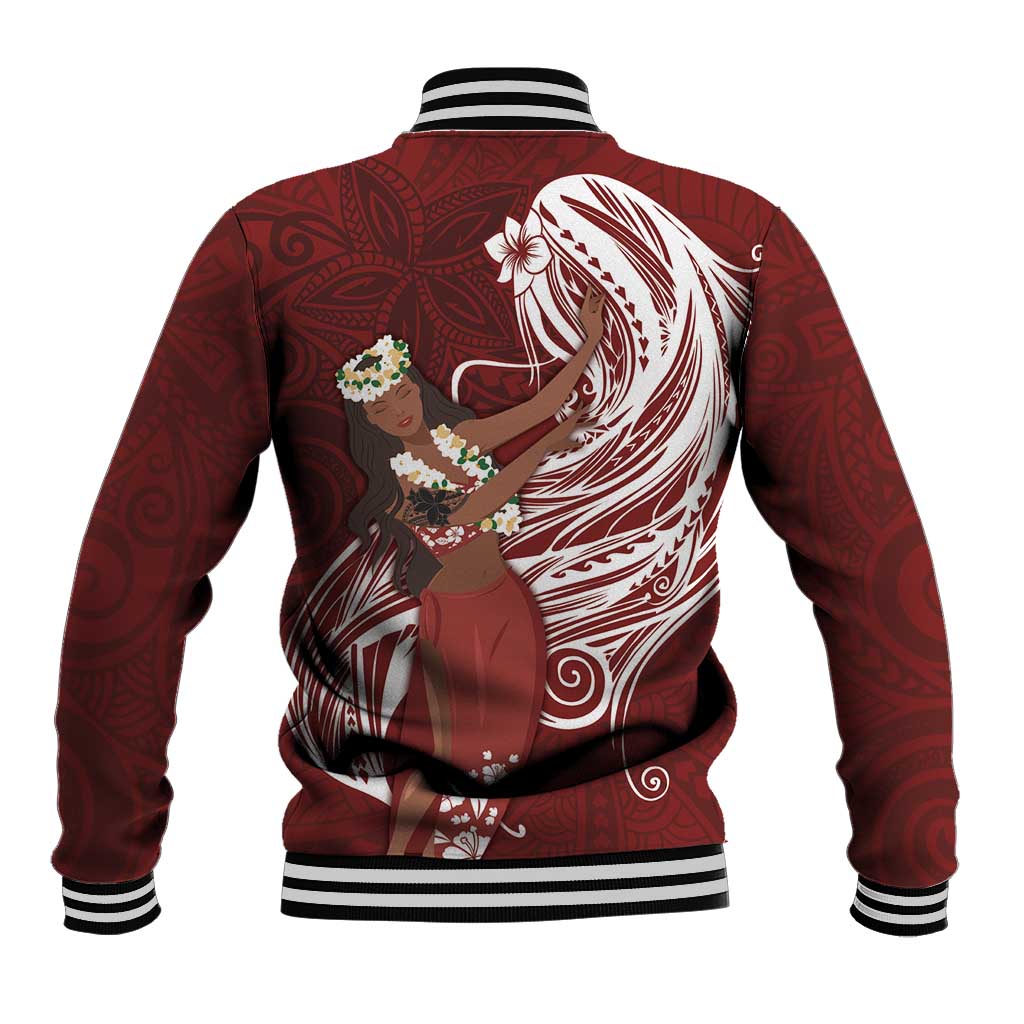 Tahiti Islands Polynesian Plumeria Baseball Jacket Tahitian Vahine 'Ote'a - Scarlet