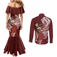 Tahiti Islands Polynesian Plumeria Couples Matching Mermaid Dress and Long Sleeve Button Shirt Tahitian Vahine 'Ote'a - Scarlet LT7 - Polynesian Pride