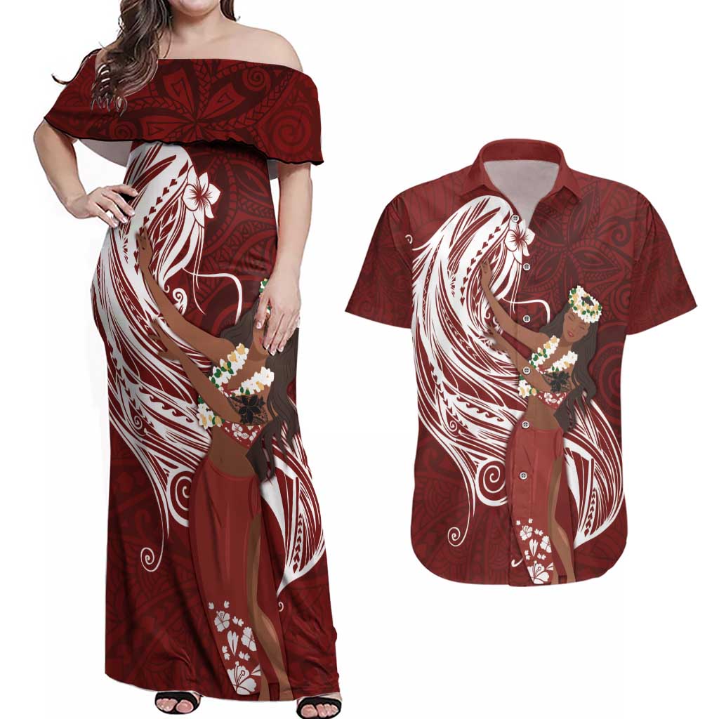 Tahiti Islands Polynesian Plumeria Couples Matching Off Shoulder Maxi Dress and Hawaiian Shirt Tahitian Vahine 'Ote'a - Scarlet LT7 Red - Polynesian Pride