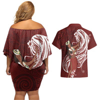 Tahiti Islands Polynesian Plumeria Couples Matching Off Shoulder Short Dress and Hawaiian Shirt Tahitian Vahine 'Ote'a - Scarlet LT7 - Polynesian Pride