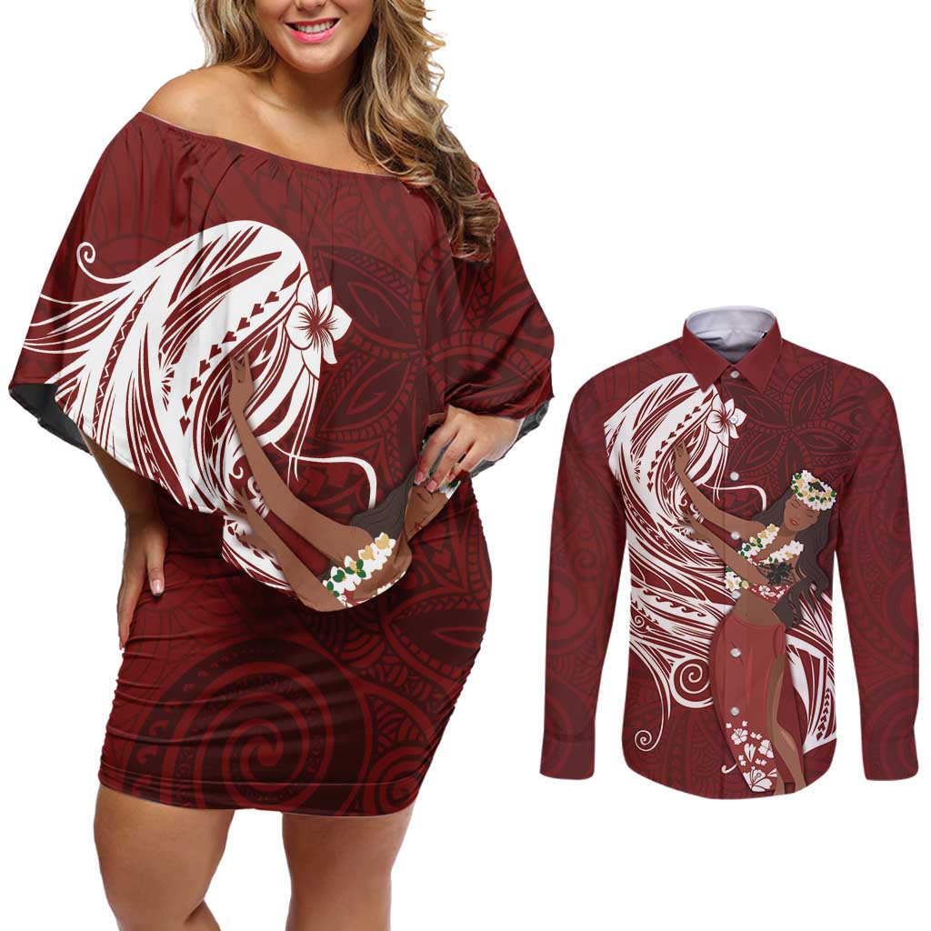 Tahiti Islands Polynesian Plumeria Couples Matching Off Shoulder Short Dress and Long Sleeve Button Shirt Tahitian Vahine 'Ote'a - Scarlet LT7 Red - Polynesian Pride