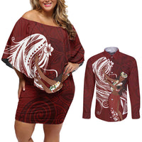 Tahiti Islands Polynesian Plumeria Couples Matching Off Shoulder Short Dress and Long Sleeve Button Shirt Tahitian Vahine 'Ote'a - Scarlet LT7 Red - Polynesian Pride