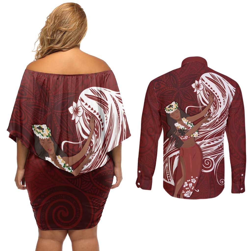 Tahiti Islands Polynesian Plumeria Couples Matching Off Shoulder Short Dress and Long Sleeve Button Shirt Tahitian Vahine 'Ote'a - Scarlet LT7 - Polynesian Pride