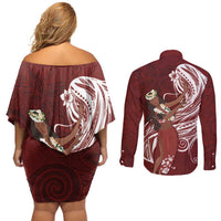 Tahiti Islands Polynesian Plumeria Couples Matching Off Shoulder Short Dress and Long Sleeve Button Shirt Tahitian Vahine 'Ote'a - Scarlet LT7 - Polynesian Pride