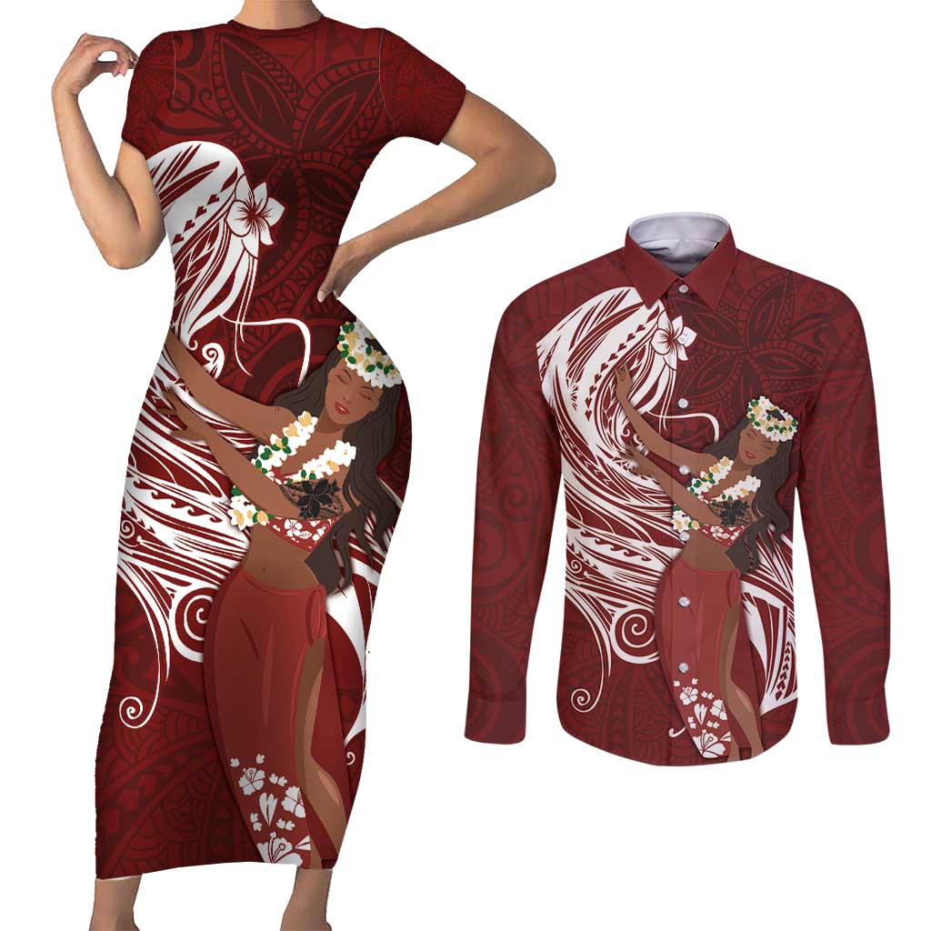 Tahiti Islands Polynesian Plumeria Couples Matching Short Sleeve Bodycon Dress and Long Sleeve Button Shirt Tahitian Vahine 'Ote'a - Scarlet LT7 Red - Polynesian Pride
