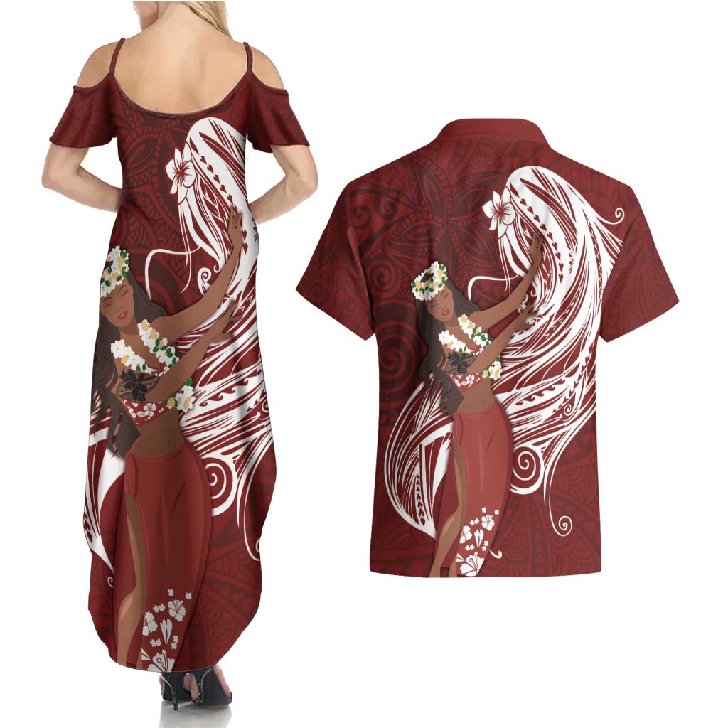 Tahiti Islands Polynesian Plumeria Couples Matching Summer Maxi Dress and Hawaiian Shirt Tahitian Vahine 'Ote'a - Scarlet LT7 - Polynesian Pride