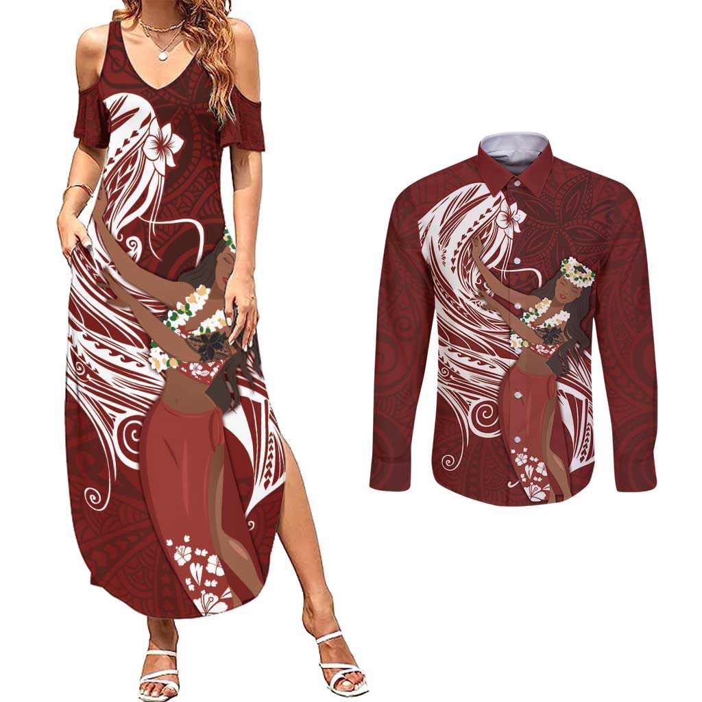 Tahiti Islands Polynesian Plumeria Couples Matching Summer Maxi Dress and Long Sleeve Button Shirt Tahitian Vahine 'Ote'a - Scarlet LT7 Red - Polynesian Pride