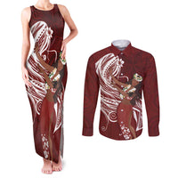 Tahiti Islands Polynesian Plumeria Couples Matching Tank Maxi Dress and Long Sleeve Button Shirt Tahitian Vahine 'Ote'a - Scarlet LT7 Red - Polynesian Pride