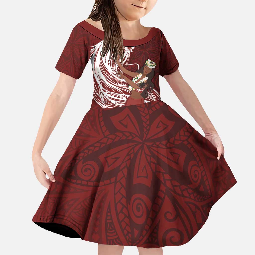 Tahiti Islands Polynesian Plumeria Family Matching Long Sleeve Bodycon Dress and Hawaiian Shirt Tahitian Vahine 'Ote'a - Scarlet LT7 Daughter's Dress Red - Polynesian Pride
