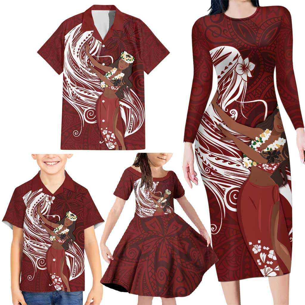 Tahiti Islands Polynesian Plumeria Family Matching Long Sleeve Bodycon Dress and Hawaiian Shirt Tahitian Vahine 'Ote'a - Scarlet LT7 - Polynesian Pride