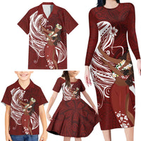 Tahiti Islands Polynesian Plumeria Family Matching Long Sleeve Bodycon Dress and Hawaiian Shirt Tahitian Vahine 'Ote'a - Scarlet LT7 - Polynesian Pride