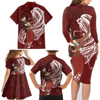 Tahiti Islands Polynesian Plumeria Family Matching Long Sleeve Bodycon Dress and Hawaiian Shirt Tahitian Vahine 'Ote'a - Scarlet LT7 - Polynesian Pride