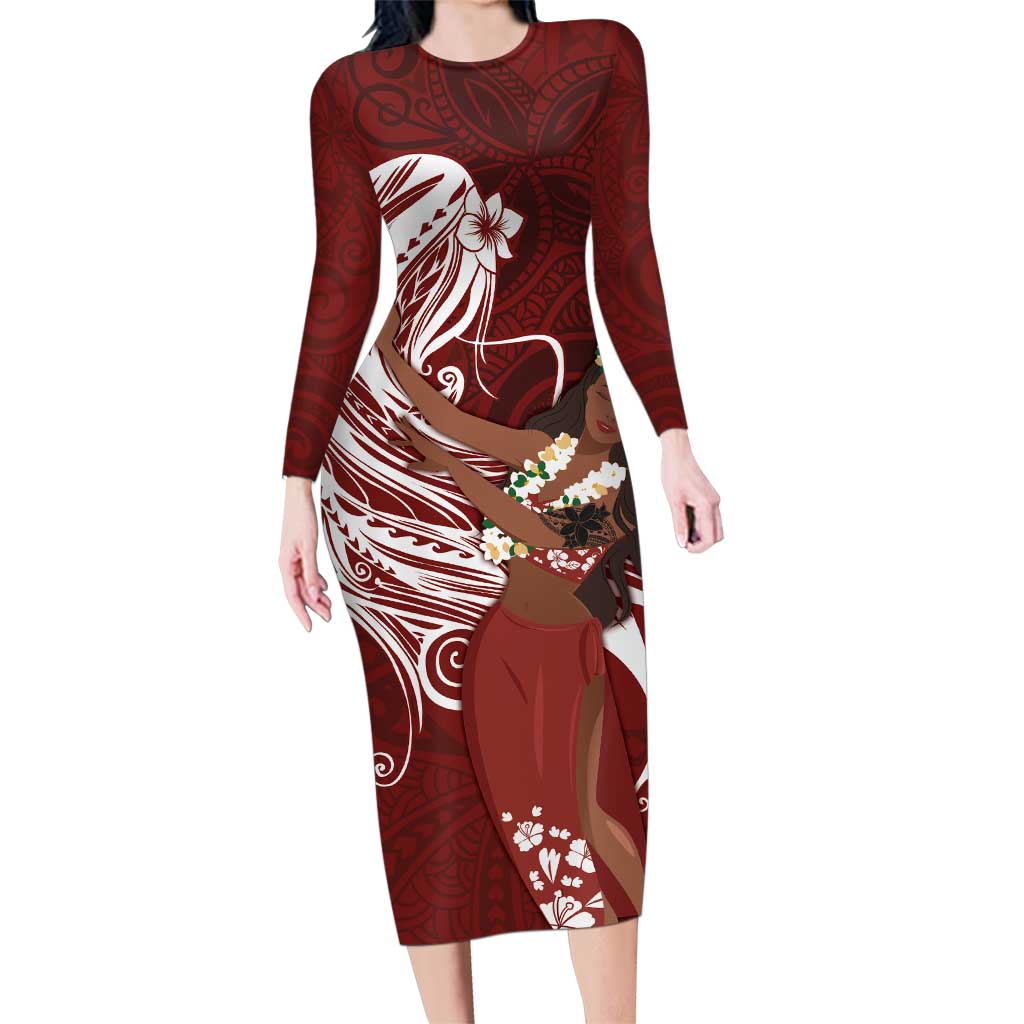 Tahiti Islands Polynesian Plumeria Family Matching Long Sleeve Bodycon Dress and Hawaiian Shirt Tahitian Vahine 'Ote'a - Scarlet LT7 Mom's Dress Red - Polynesian Pride