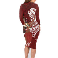 Tahiti Islands Polynesian Plumeria Family Matching Long Sleeve Bodycon Dress and Hawaiian Shirt Tahitian Vahine 'Ote'a - Scarlet LT7 - Polynesian Pride