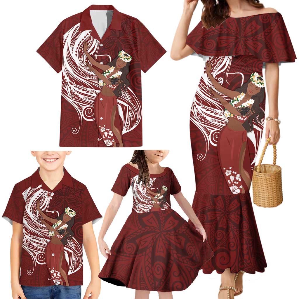 Tahiti Islands Polynesian Plumeria Family Matching Mermaid Dress and Hawaiian Shirt Tahitian Vahine 'Ote'a - Scarlet LT7 - Polynesian Pride
