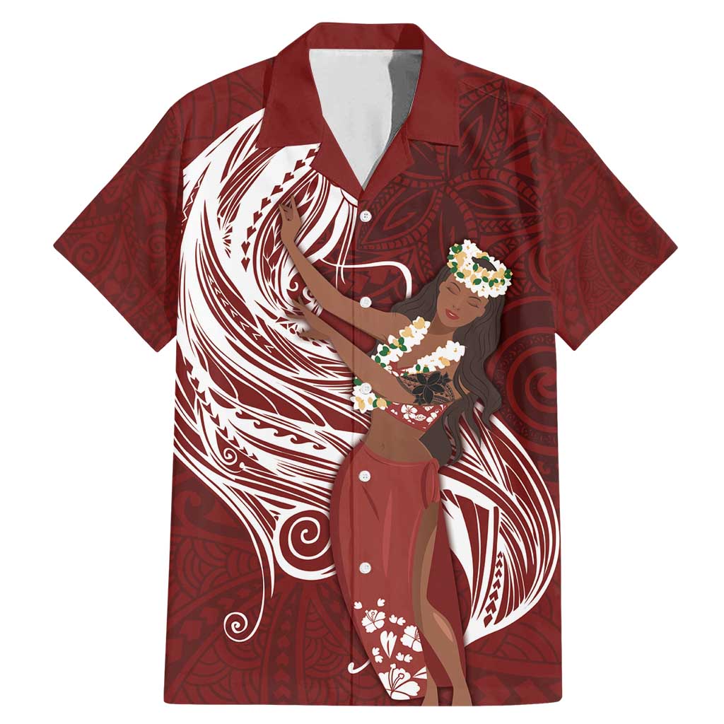 Tahiti Islands Polynesian Plumeria Family Matching Mermaid Dress and Hawaiian Shirt Tahitian Vahine 'Ote'a - Scarlet LT7 Dad's Shirt - Short Sleeve Red - Polynesian Pride