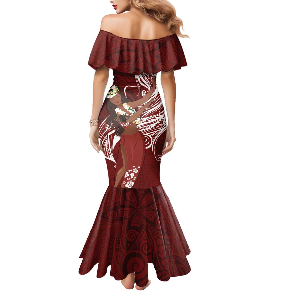Tahiti Islands Polynesian Plumeria Family Matching Mermaid Dress and Hawaiian Shirt Tahitian Vahine 'Ote'a - Scarlet LT7 - Polynesian Pride