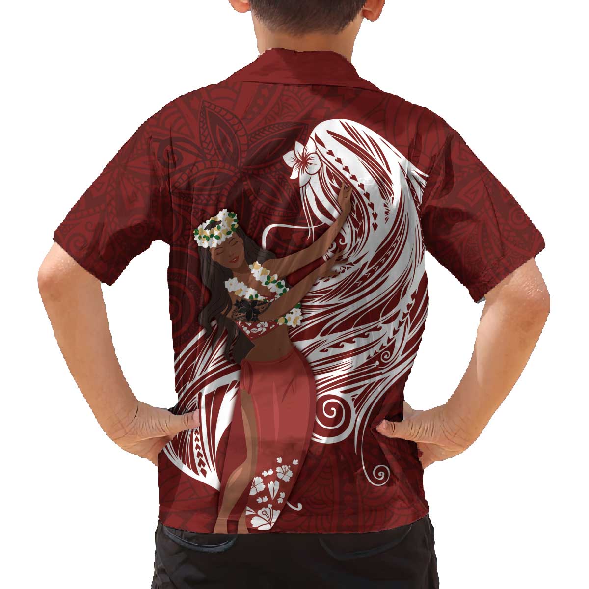 Tahiti Islands Polynesian Plumeria Family Matching Off The Shoulder Long Sleeve Dress and Hawaiian Shirt Tahitian Vahine 'Ote'a - Scarlet