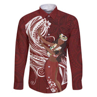 Tahiti Islands Polynesian Plumeria Family Matching Off Shoulder Maxi Dress and Hawaiian Shirt Tahitian Vahine 'Ote'a - Scarlet LT7 Dad's Shirt - Long Sleeve Red - Polynesian Pride
