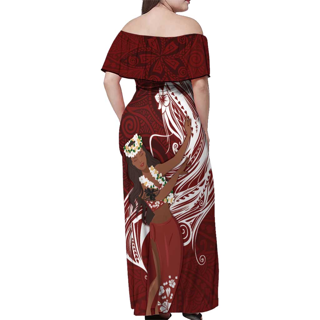 Tahiti Islands Polynesian Plumeria Family Matching Off Shoulder Maxi Dress and Hawaiian Shirt Tahitian Vahine 'Ote'a - Scarlet LT7 - Polynesian Pride