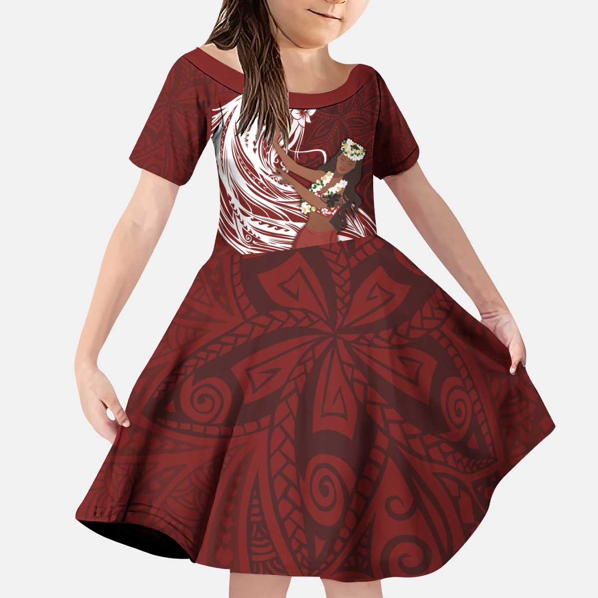 Tahiti Islands Polynesian Plumeria Family Matching Puletasi and Hawaiian Shirt Tahitian Vahine 'Ote'a - Scarlet LT7 Daughter's Dress Red - Polynesian Pride