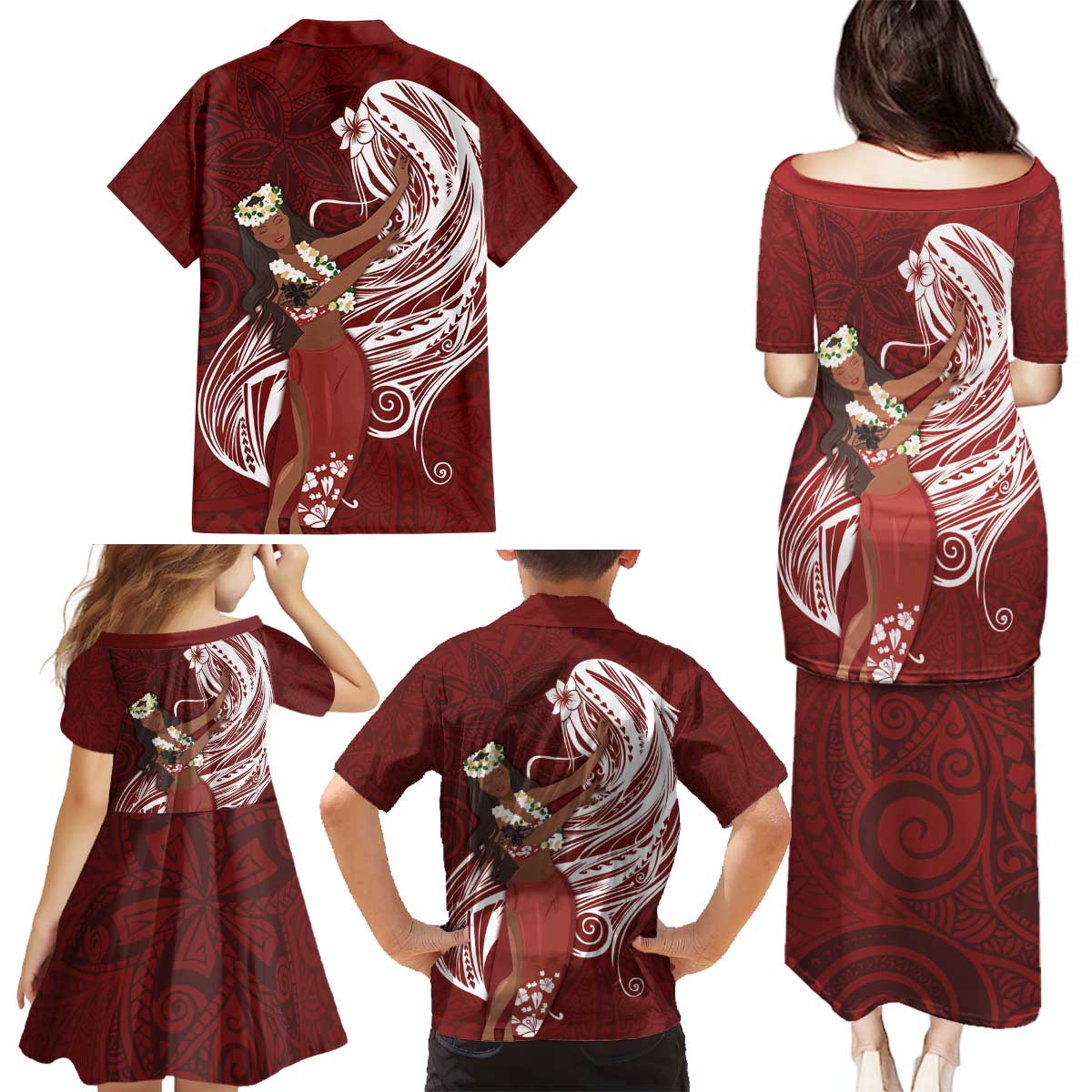 Tahiti Islands Polynesian Plumeria Family Matching Puletasi and Hawaiian Shirt Tahitian Vahine 'Ote'a - Scarlet LT7 - Polynesian Pride