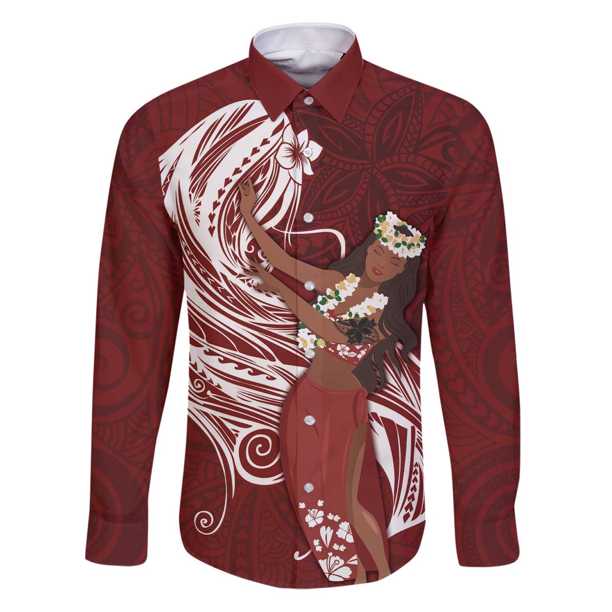 Tahiti Islands Polynesian Plumeria Family Matching Puletasi and Hawaiian Shirt Tahitian Vahine 'Ote'a - Scarlet LT7 Dad's Shirt - Long Sleeve Red - Polynesian Pride