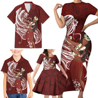Tahiti Islands Polynesian Plumeria Family Matching Short Sleeve Bodycon Dress and Hawaiian Shirt Tahitian Vahine 'Ote'a - Scarlet LT7 - Polynesian Pride