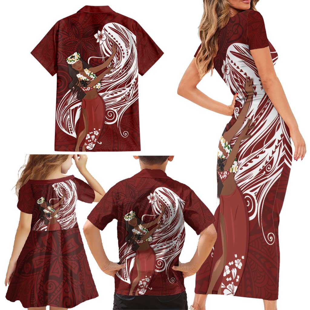 Tahiti Islands Polynesian Plumeria Family Matching Short Sleeve Bodycon Dress and Hawaiian Shirt Tahitian Vahine 'Ote'a - Scarlet LT7 - Polynesian Pride