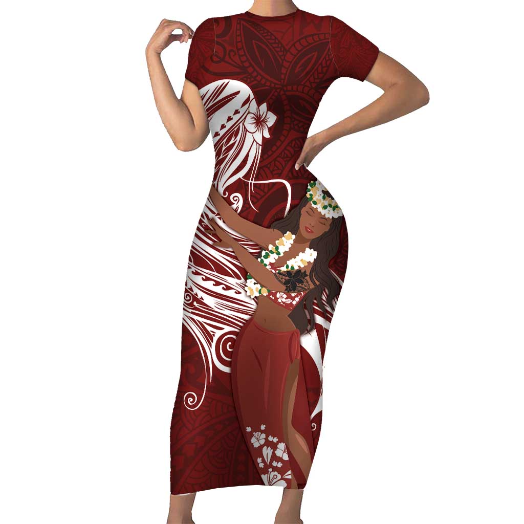 Tahiti Islands Polynesian Plumeria Family Matching Short Sleeve Bodycon Dress and Hawaiian Shirt Tahitian Vahine 'Ote'a - Scarlet LT7 Mom's Dress Red - Polynesian Pride