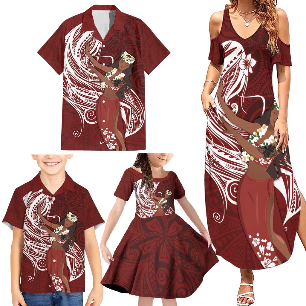 Tahiti Islands Polynesian Plumeria Family Matching Summer Maxi Dress and Hawaiian Shirt Tahitian Vahine 'Ote'a - Scarlet LT7 - Polynesian Pride
