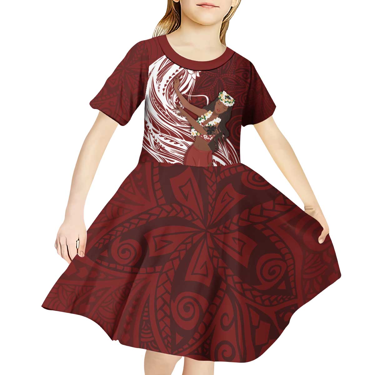 Tahiti Islands Polynesian Plumeria Kid Short Sleeve Dress Tahitian Vahine 'Ote'a - Scarlet LT7 - Polynesian Pride