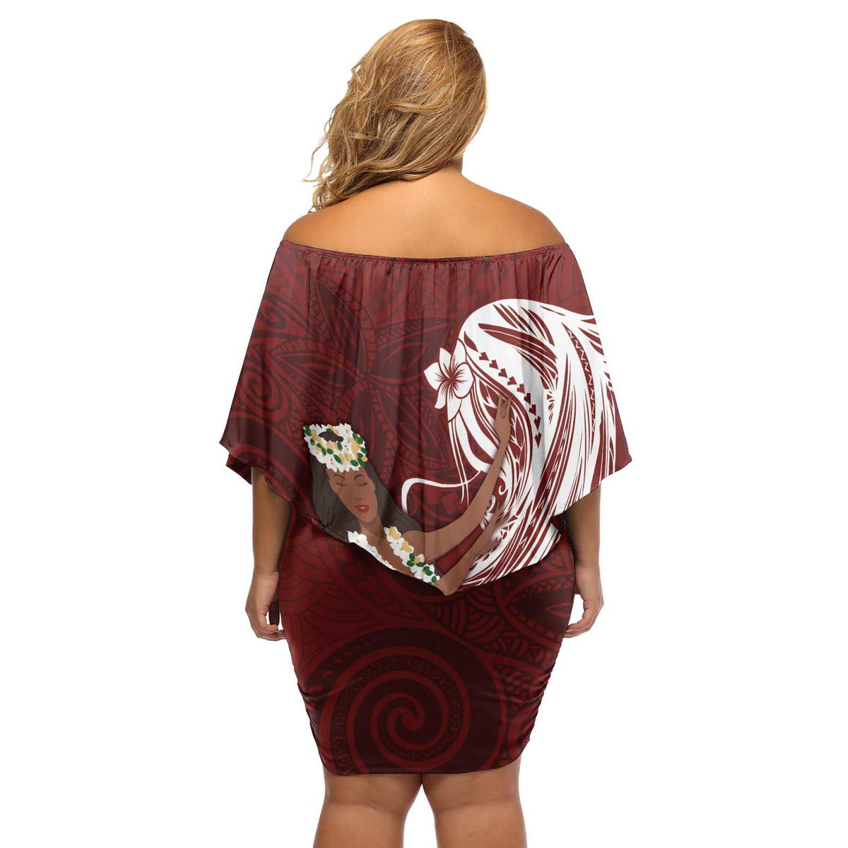 Tahiti Islands Polynesian Plumeria Off Shoulder Short Dress Tahitian Vahine 'Ote'a - Scarlet LT7 - Polynesian Pride