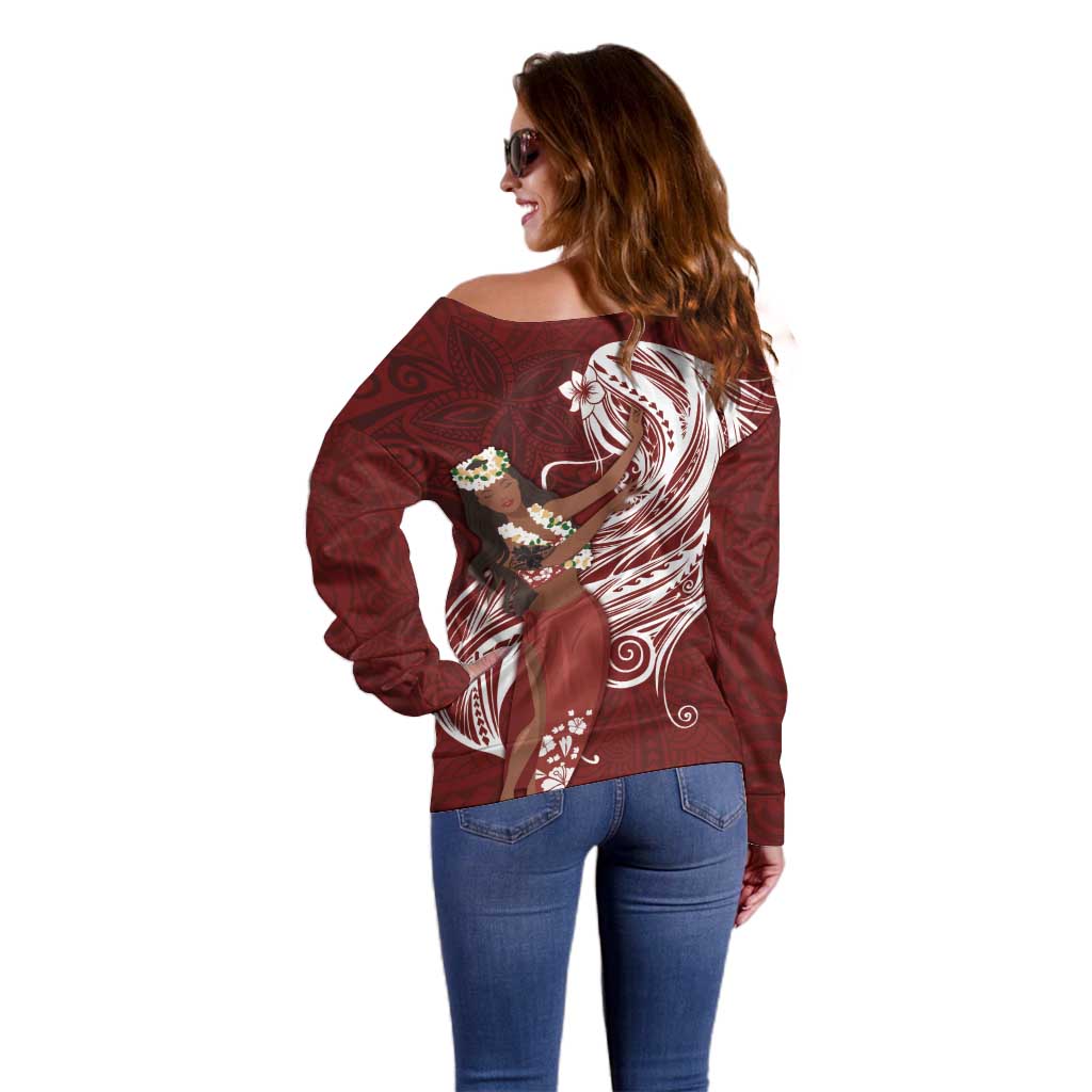 Tahiti Islands Polynesian Plumeria Off Shoulder Sweater Tahitian Vahine 'Ote'a - Scarlet
