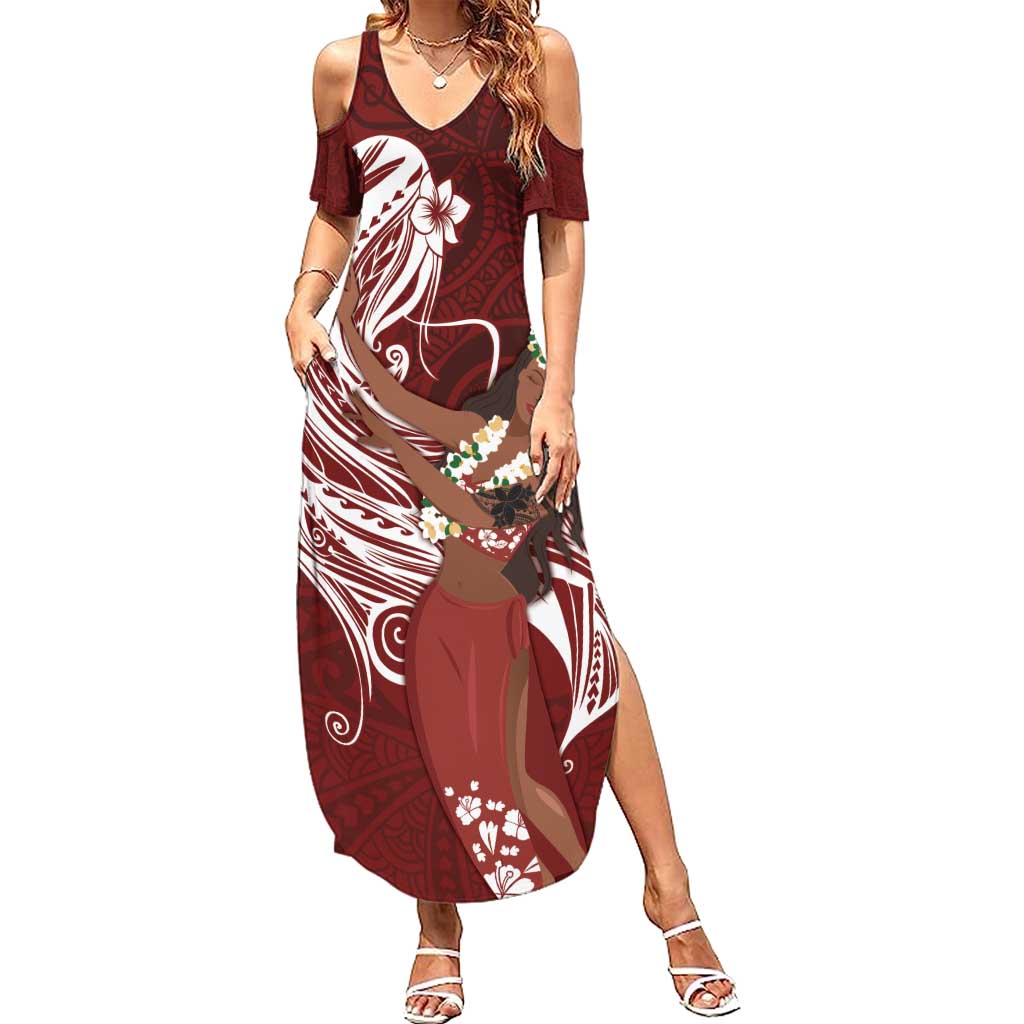 Tahiti Islands Polynesian Plumeria Summer Maxi Dress Tahitian Vahine 'Ote'a - Scarlet