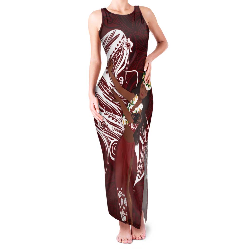 Tahiti Islands Polynesian Plumeria Tank Maxi Dress Tahitian Vahine 'Ote'a - Scarlet LT7 Women Red - Polynesian Pride